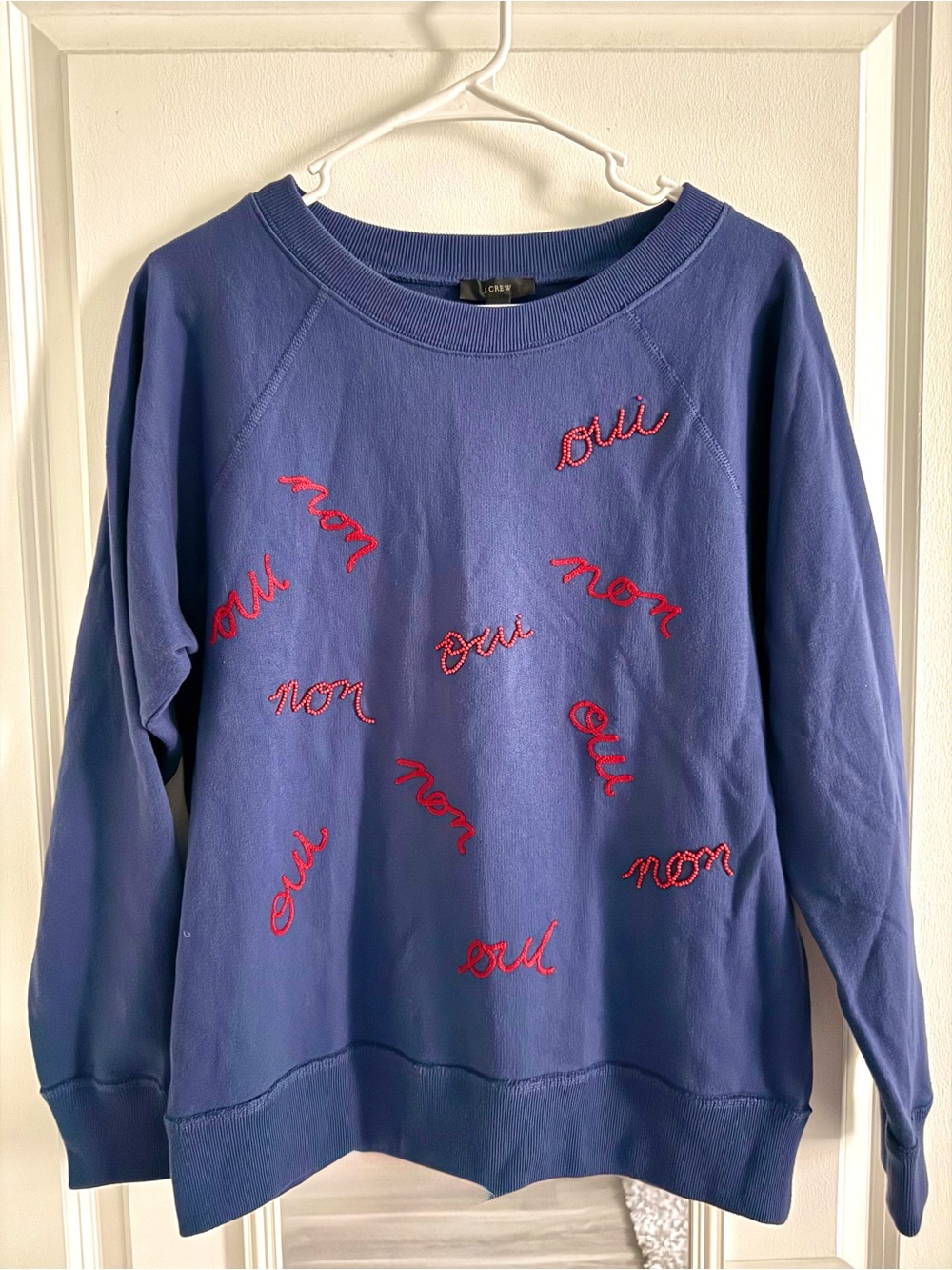 J.Crew Navy Oui/Non Beaded Embroidered Crewneck Sweatshirt M